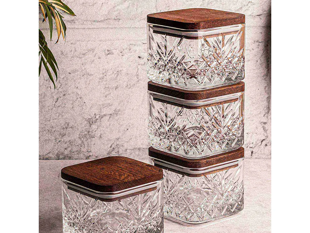 Ensemble pots en verre avec couvercle bois 4 pots carrés - Milla