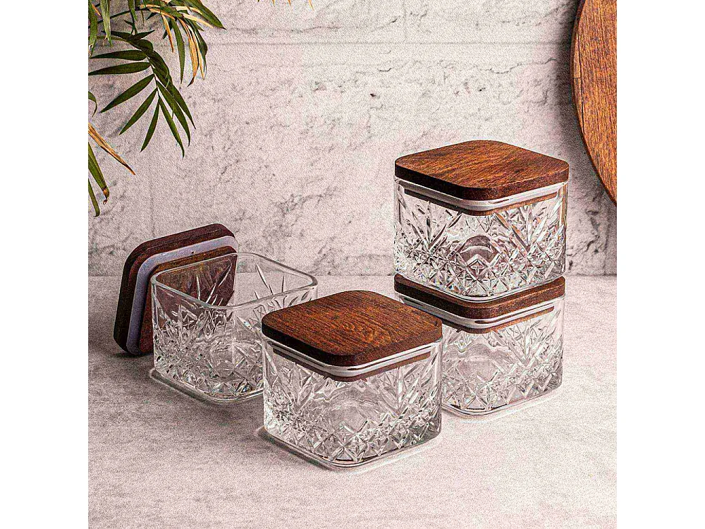 Ensemble pots en verre avec couvercle bois 4 pots carrés - Milla