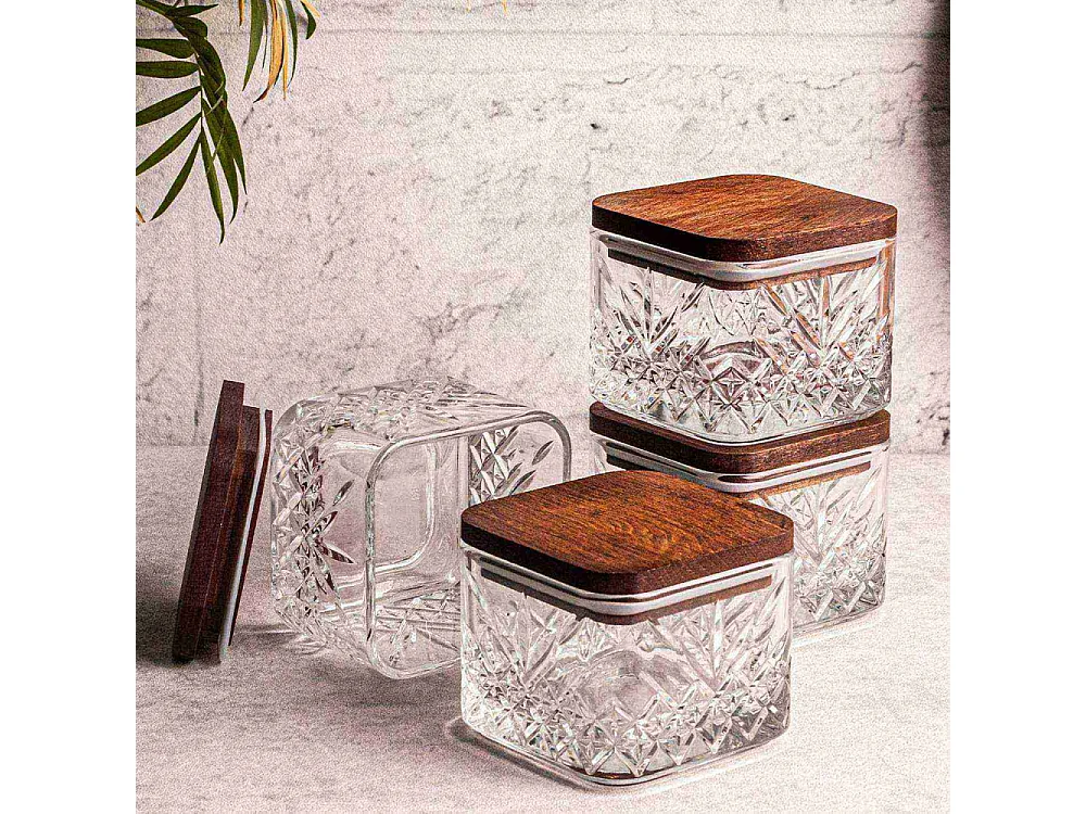 Ensemble pots en verre avec couvercle bois 4 pots carrés - Milla