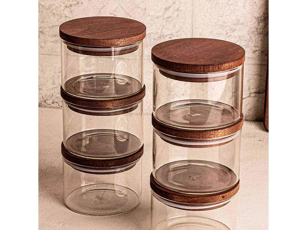 Ensemble pots en verre avec couvercle bois 6 pots ronds - Doria