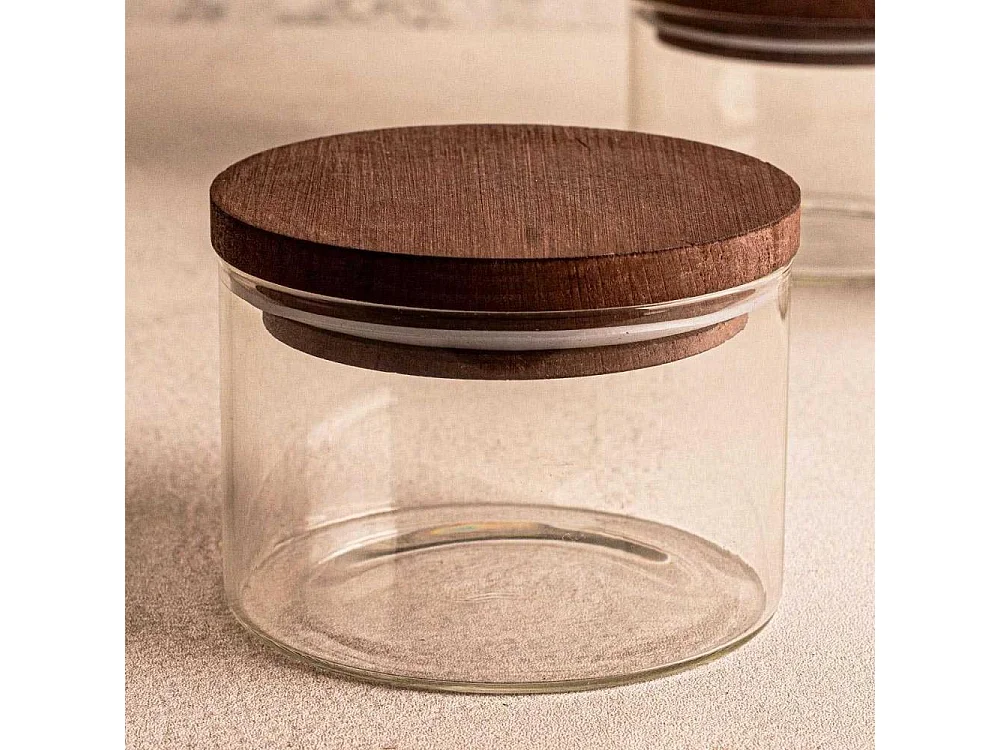 Ensemble pots en verre avec couvercle bois 6 pots ronds - Doria