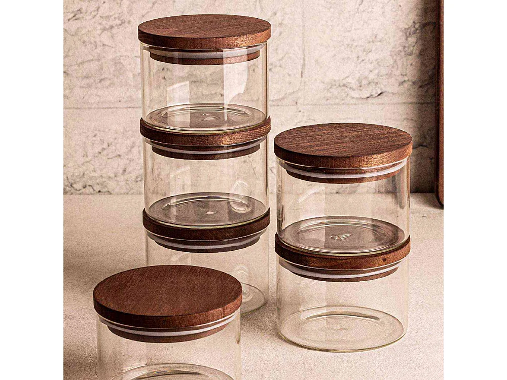 Ensemble pots en verre avec couvercle bois 6 pots ronds - Doria
