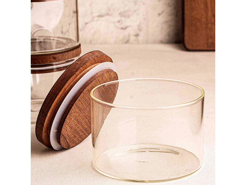 Ensemble pots en verre avec couvercle bois 6 pots ronds - Doria