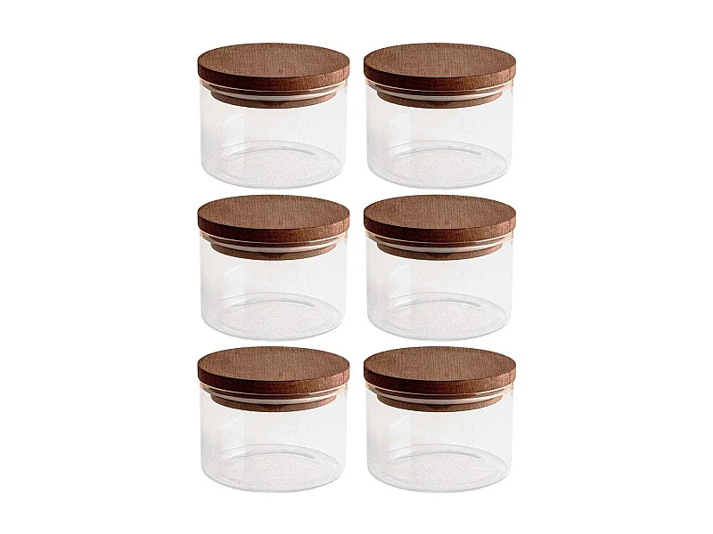 Ensemble pots en verre avec couvercle bois 6 pots ronds - Doria