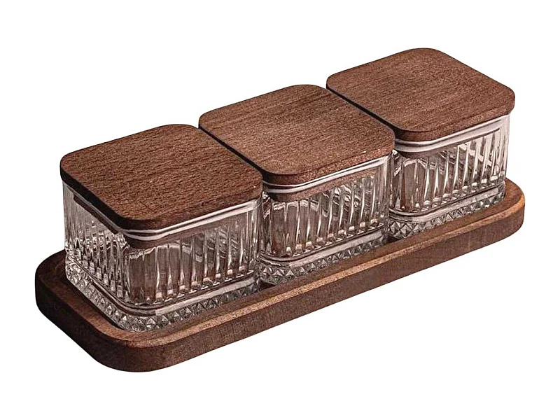 Ensemble pots en verre avec couvercle et plateau bois 3 pots carré - Bella