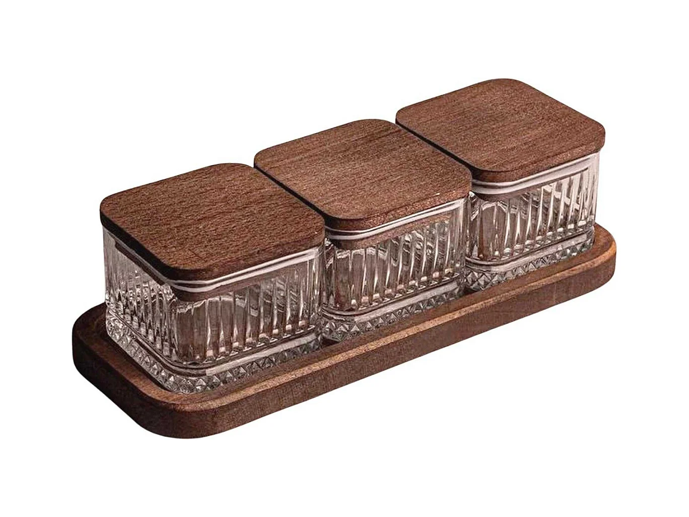 Ensemble pots en verre avec couvercle et plateau bois 3 pots carré - Bella