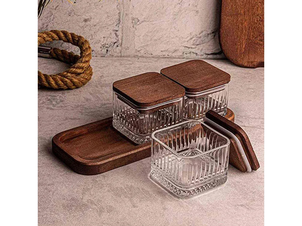 Ensemble pots en verre avec couvercle et plateau bois 3 pots carré - Bella
