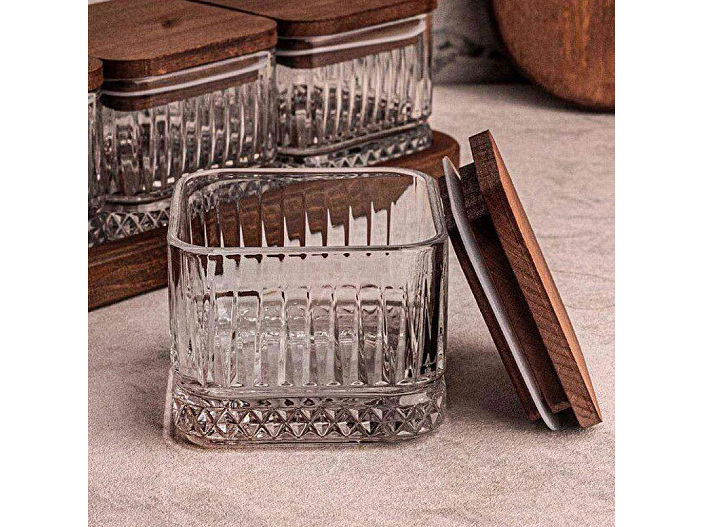 Ensemble pots en verre avec couvercle et plateau bois 3 pots carré - Bella