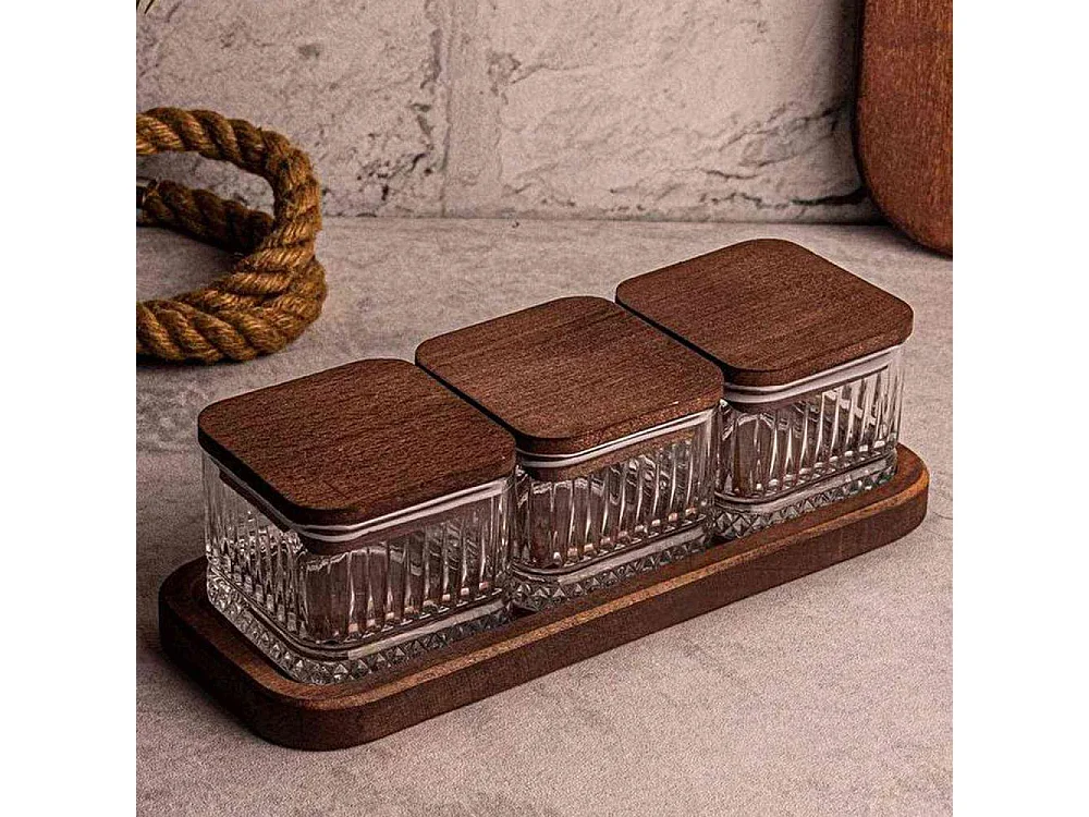Ensemble pots en verre avec couvercle et plateau bois 3 pots carré - Bella