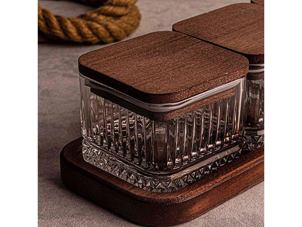 Ensemble pots en verre avec couvercle et plateau bois 3 pots carré - Bella