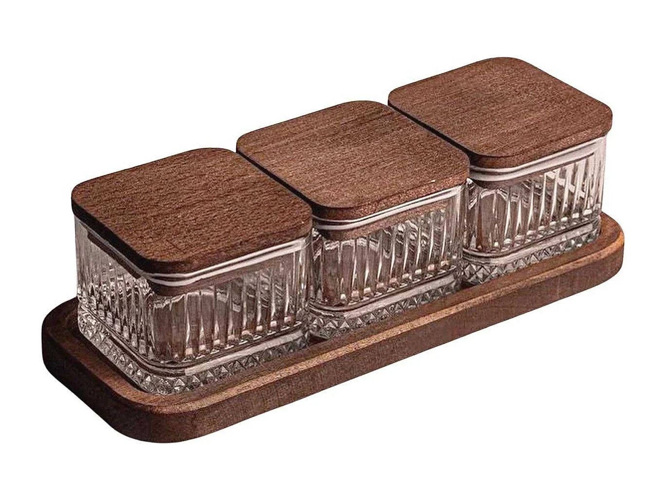 Ensemble pots en verre avec couvercle et plateau bois 3 pots carré - Bella