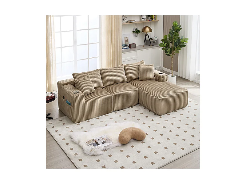 Canapé 3 places d'angle modulable, en velours côtelé, avec porte-gobelets, oreillers et poches latérales, 118cm méridienne, Kaki