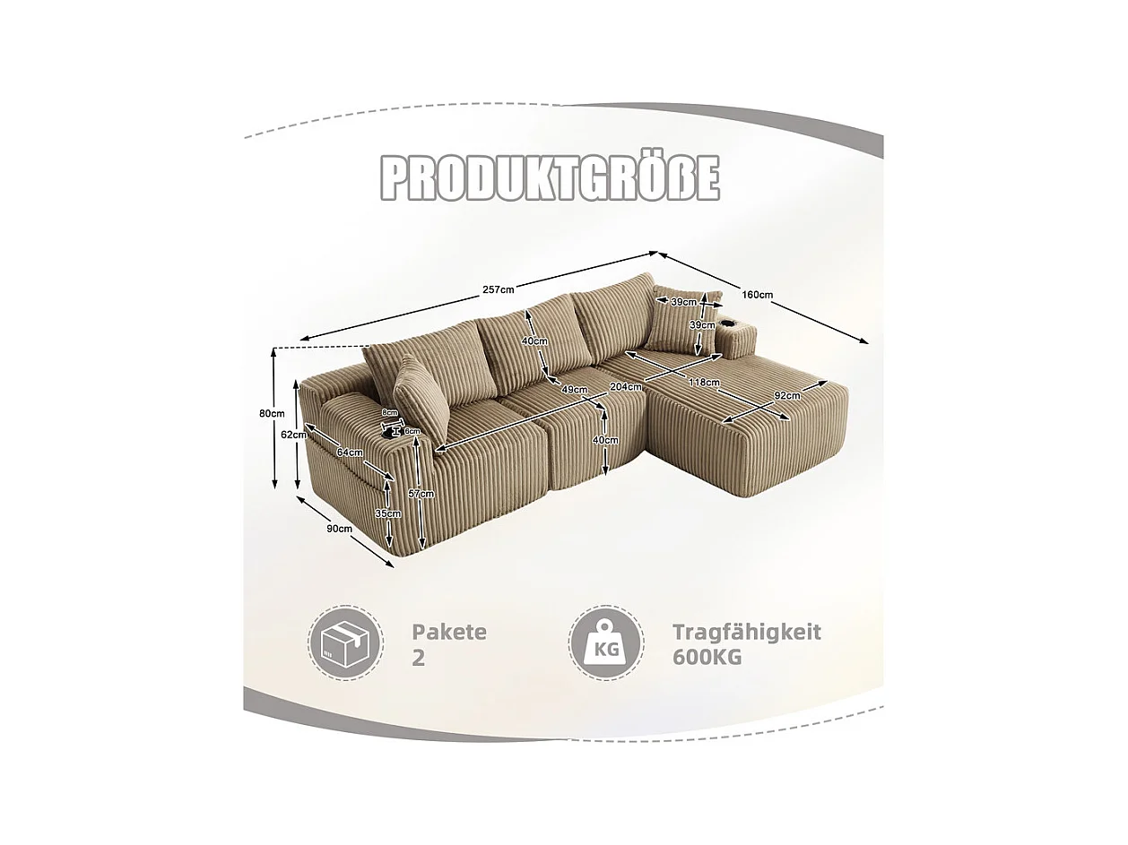 Canapé 3 places d'angle modulable, en velours côtelé, avec porte-gobelets, oreillers et poches latérales, 118cm méridienne, Kaki