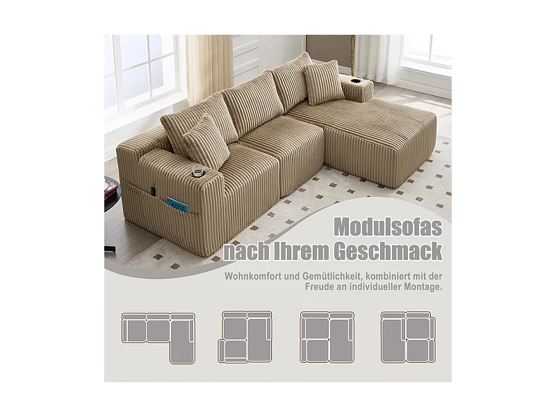 Canapé 3 places d'angle modulable, en velours côtelé, avec porte-gobelets, oreillers et poches latérales, 118cm méridienne, Kaki