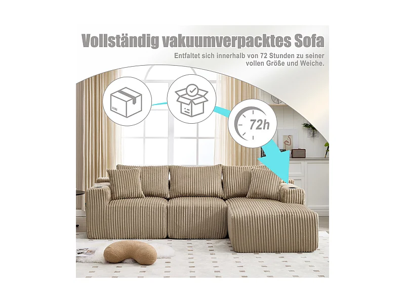 Canapé 3 places d'angle modulable, en velours côtelé, avec porte-gobelets, oreillers et poches latérales, 118cm méridienne, Kaki