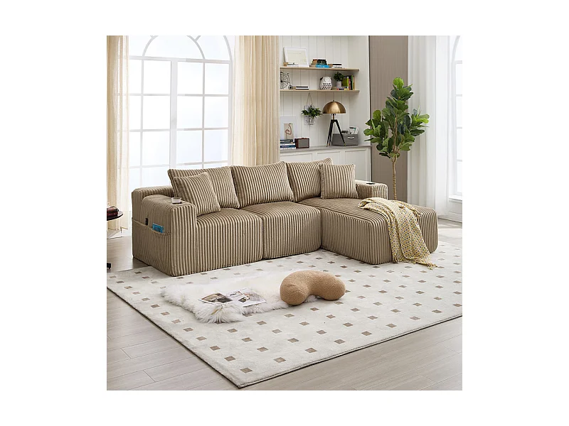 Canapé 3 places d'angle modulable, en velours côtelé, avec porte-gobelets, oreillers et poches latérales, 118cm méridienne, Kaki