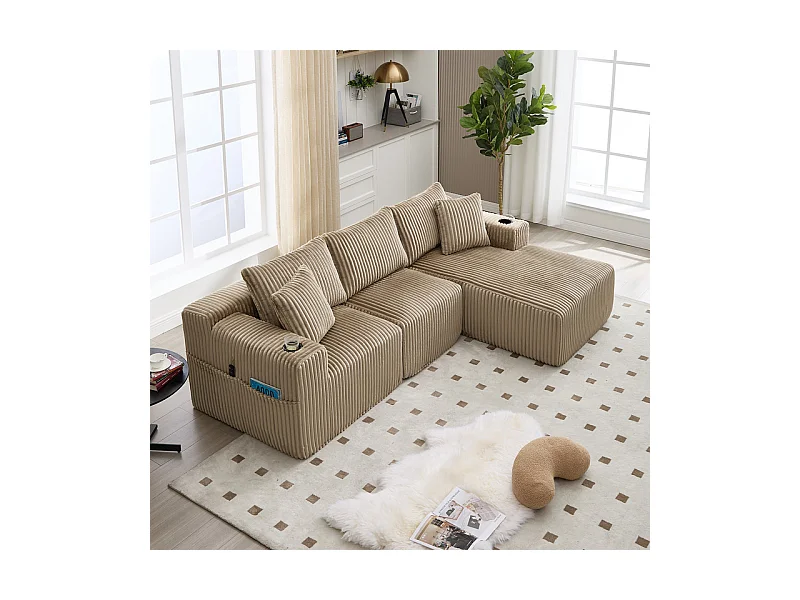 Canapé 3 places d'angle modulable, en velours côtelé, avec porte-gobelets, oreillers et poches latérales, 118cm méridienne, Kaki