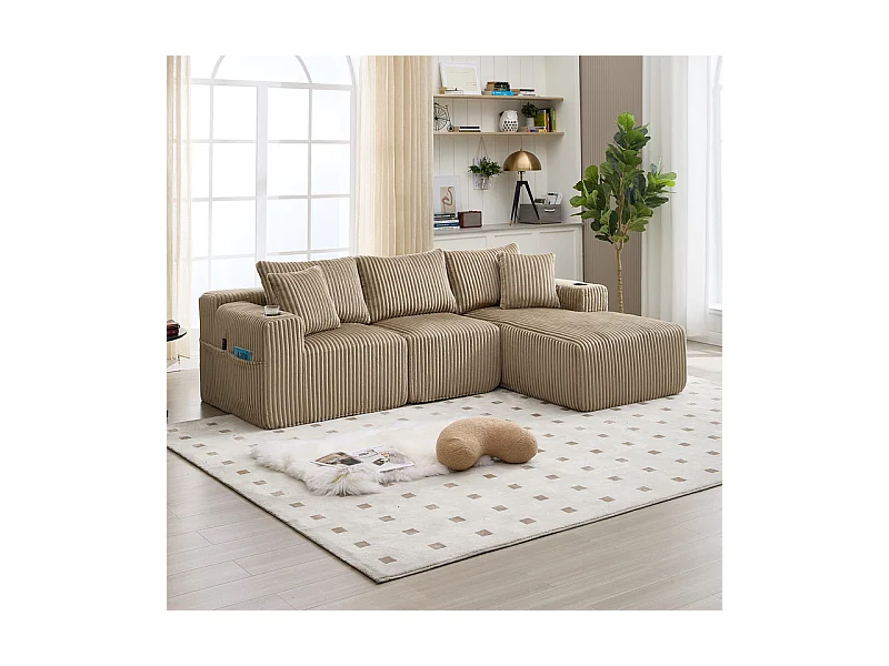 Canapé 3 places d'angle modulable, en velours côtelé, avec porte-gobelets, oreillers et poches latérales, 118cm méridienne, Kaki