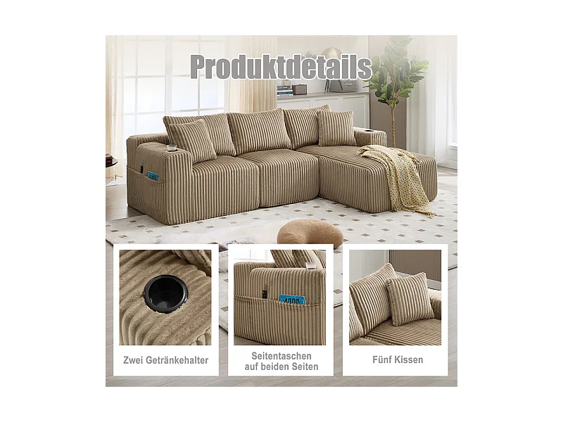 Canapé 3 places d'angle modulable, en velours côtelé, avec porte-gobelets, oreillers et poches latérales, 118cm méridienne, Kaki