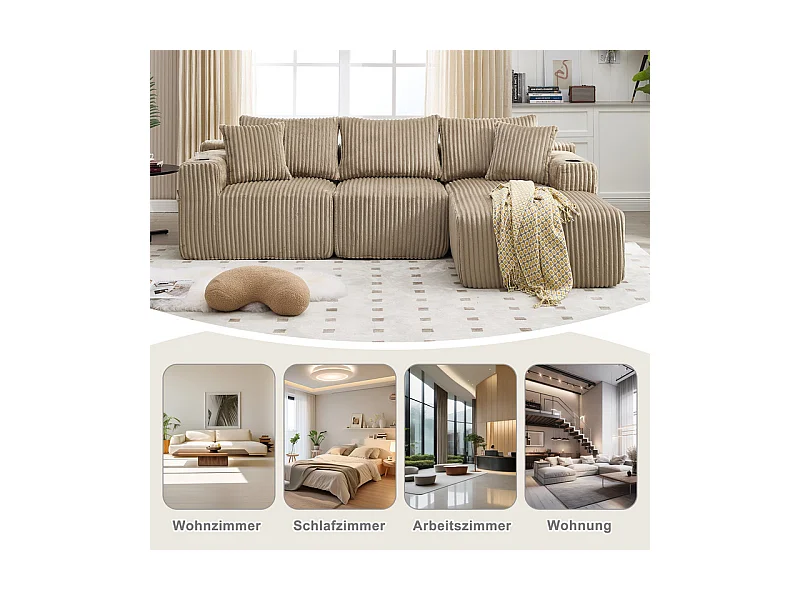 Canapé 3 places d'angle modulable, en velours côtelé, avec porte-gobelets, oreillers et poches latérales, 118cm méridienne, Kaki