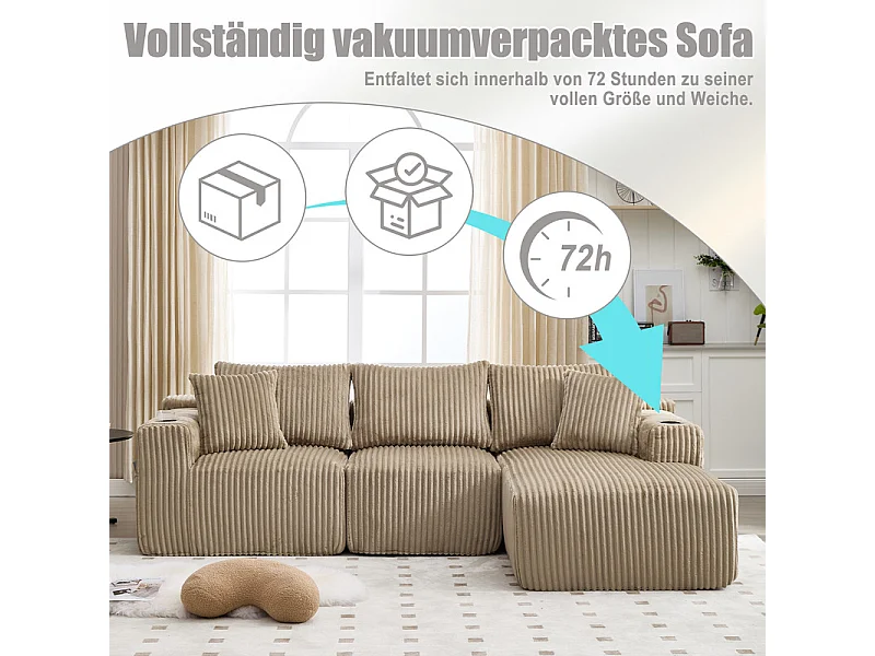 Canapé 3 places d'angle modulable, en velours côtelé, avec porte-gobelets, oreillers et poches latérales, 118cm méridienne, Kaki