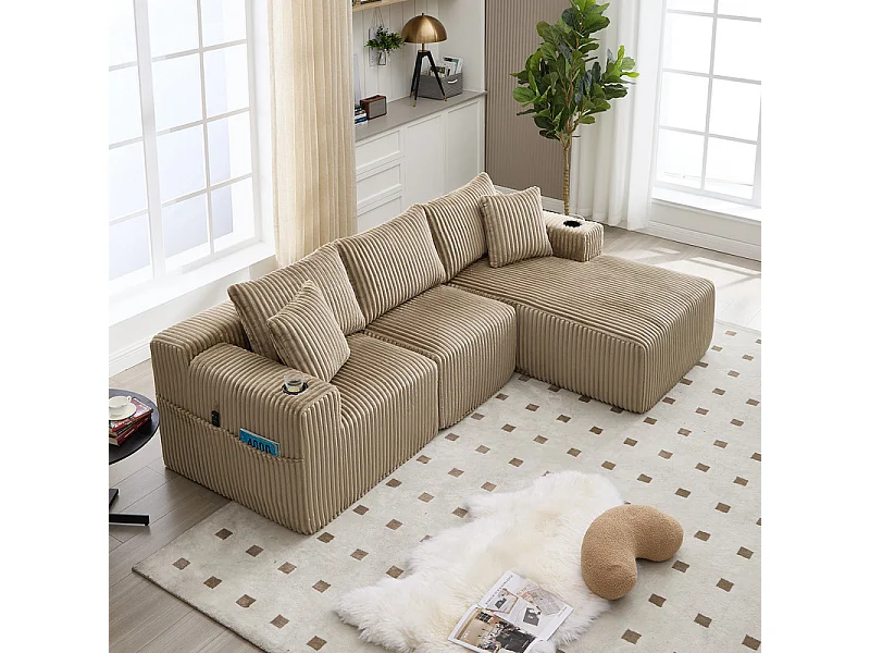 Canapé 3 places d'angle modulable, en velours côtelé, avec porte-gobelets, oreillers et poches latérales, 118cm méridienne, Kaki