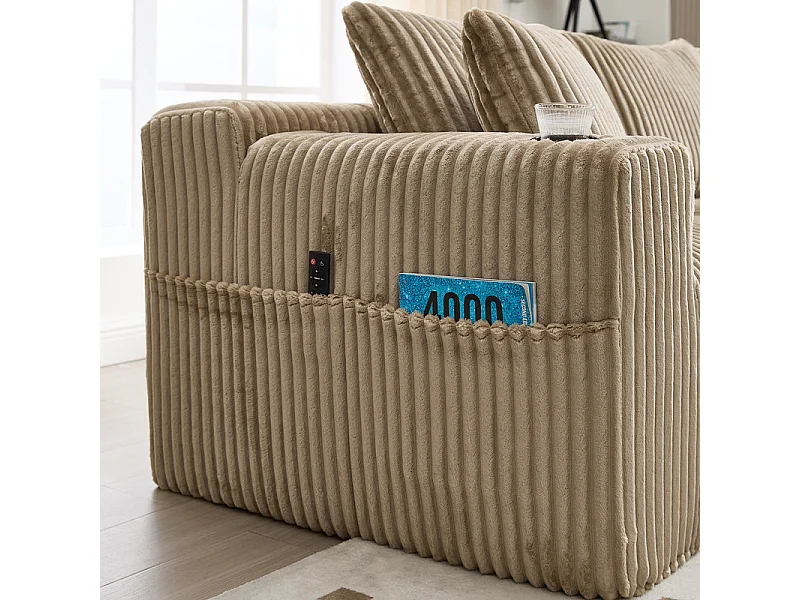 Canapé 3 places d'angle modulable, en velours côtelé, avec porte-gobelets, oreillers et poches latérales, 118cm méridienne, Kaki