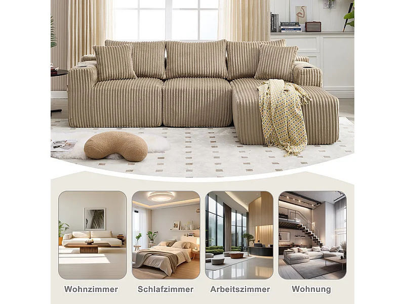 Canapé 3 places d'angle modulable, en velours côtelé, avec porte-gobelets, oreillers et poches latérales, 118cm méridienne, Kaki