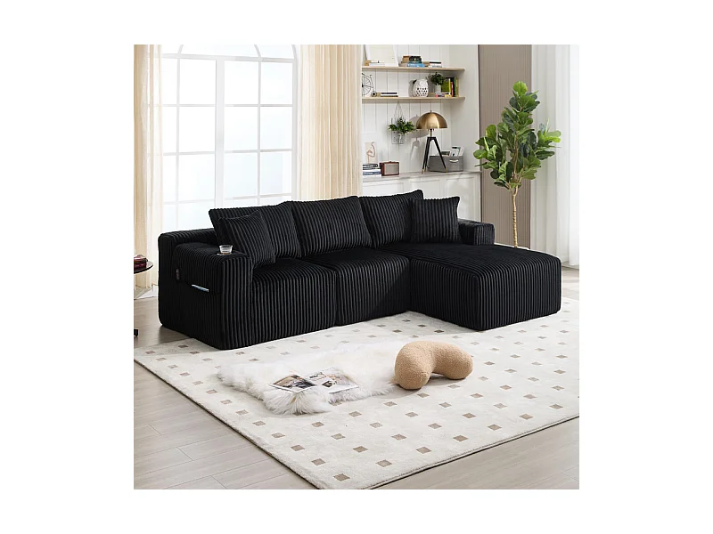 Canapé 3 places d'angle modulable, en velours côtelé, avec porte-gobelets, oreillers et poches latérales, 118cm méridienne, Noir