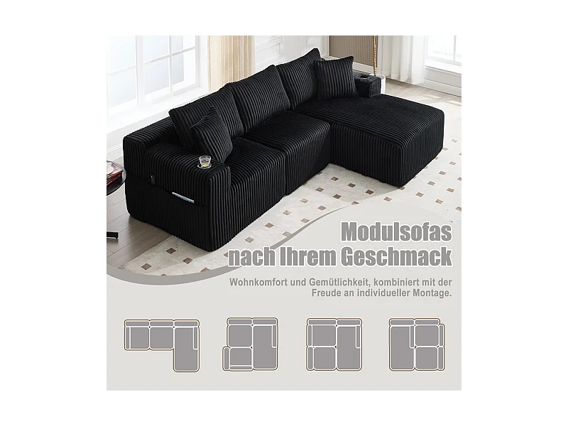 Canapé 3 places d'angle modulable, en velours côtelé, avec porte-gobelets, oreillers et poches latérales, 118cm méridienne, Noir
