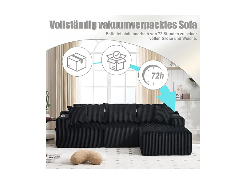 Canapé 3 places d'angle modulable, en velours côtelé, avec porte-gobelets, oreillers et poches latérales, 118cm méridienne, Noir