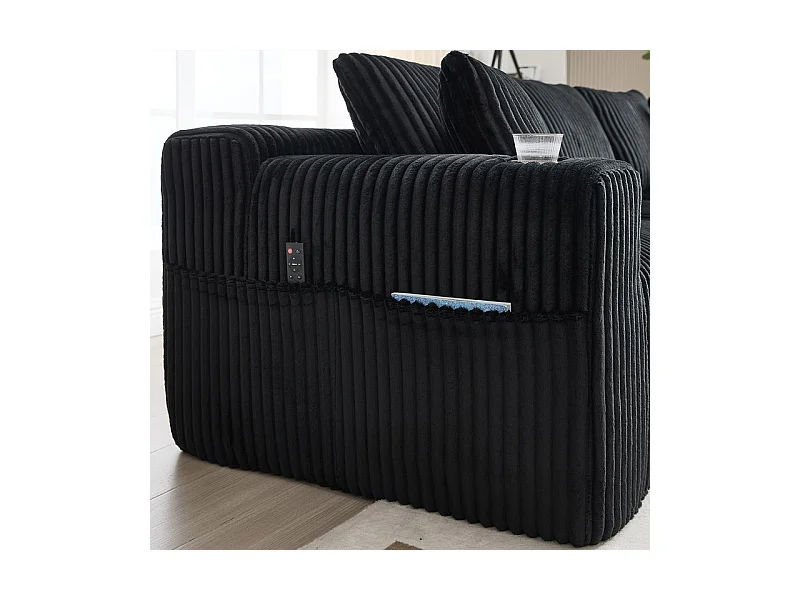 Canapé 3 places d'angle modulable, en velours côtelé, avec porte-gobelets, oreillers et poches latérales, 118cm méridienne, Noir