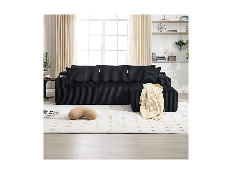 Canapé 3 places d'angle modulable, en velours côtelé, avec porte-gobelets, oreillers et poches latérales, 118cm méridienne, Noir