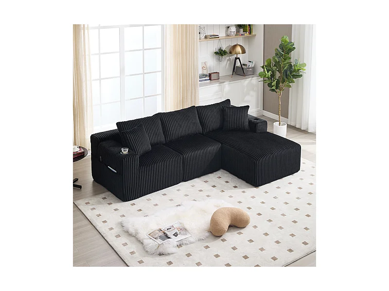 Canapé 3 places d'angle modulable, en velours côtelé, avec porte-gobelets, oreillers et poches latérales, 118cm méridienne, Noir