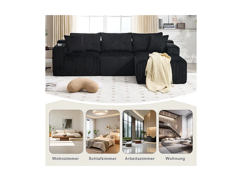 Canapé 3 places d'angle modulable, en velours côtelé, avec porte-gobelets, oreillers et poches latérales, 118cm méridienne, Noir