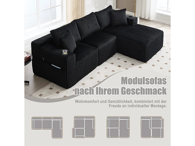 Canapé 3 places d'angle modulable, en velours côtelé, avec porte-gobelets, oreillers et poches latérales, 118cm méridienne, Noir