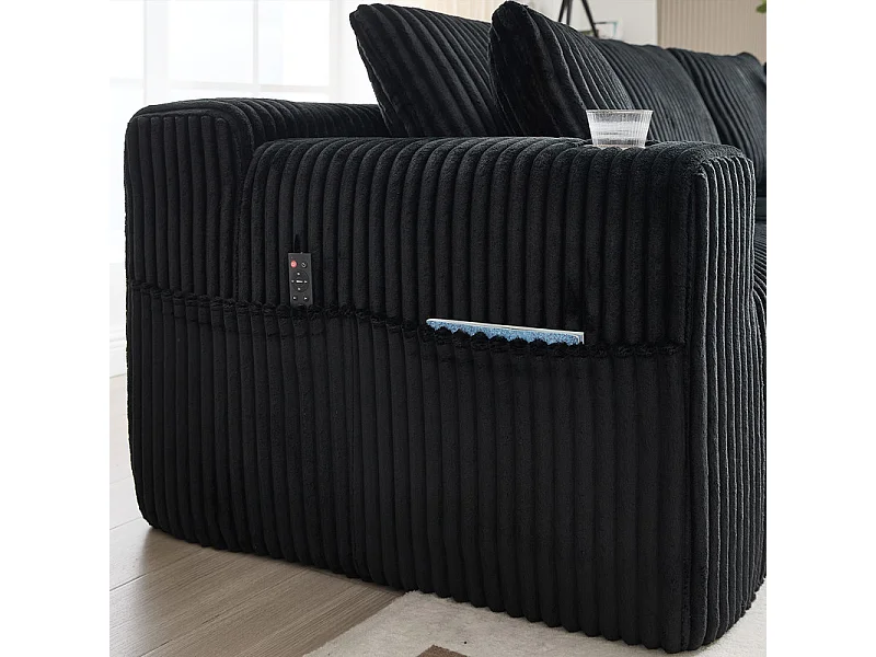 Canapé 3 places d'angle modulable, en velours côtelé, avec porte-gobelets, oreillers et poches latérales, 118cm méridienne, Noir