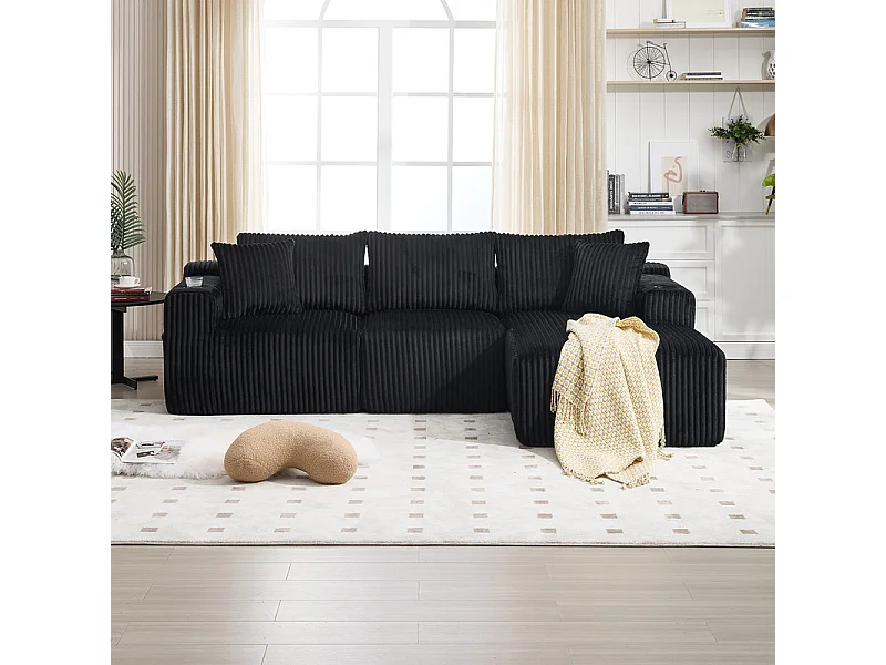 Canapé 3 places d'angle modulable, en velours côtelé, avec porte-gobelets, oreillers et poches latérales, 118cm méridienne, Noir