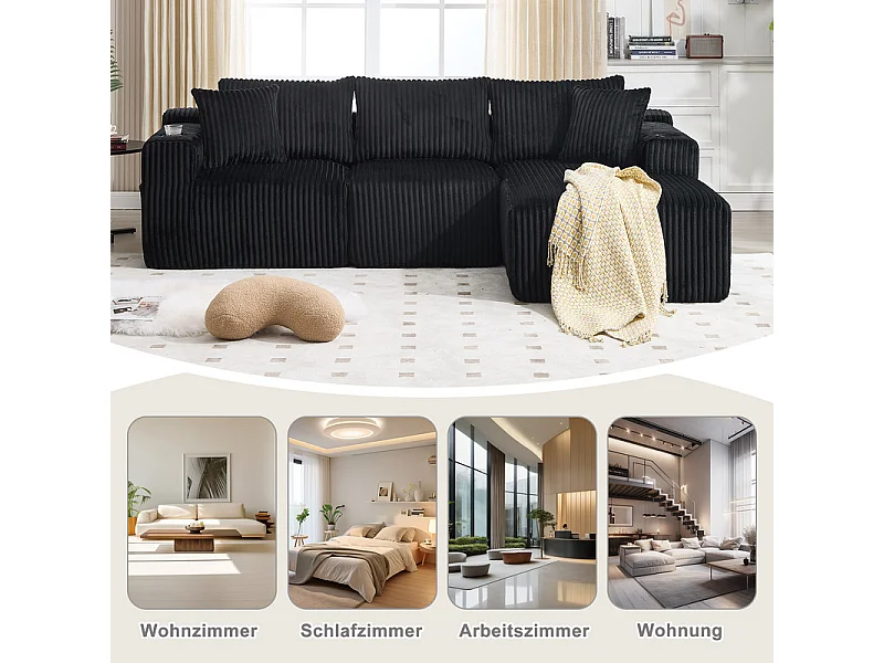 Canapé 3 places d'angle modulable, en velours côtelé, avec porte-gobelets, oreillers et poches latérales, 118cm méridienne, Noir