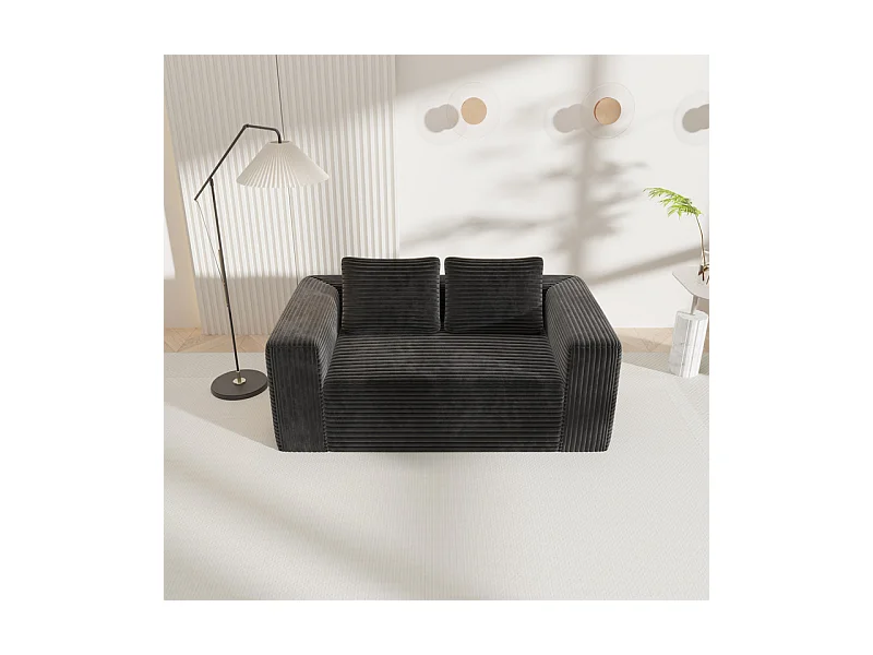 Canapé 2 places en velours côtelé - avec 2 oreillers - charge max 250kg - 160x63x88cm - Noir