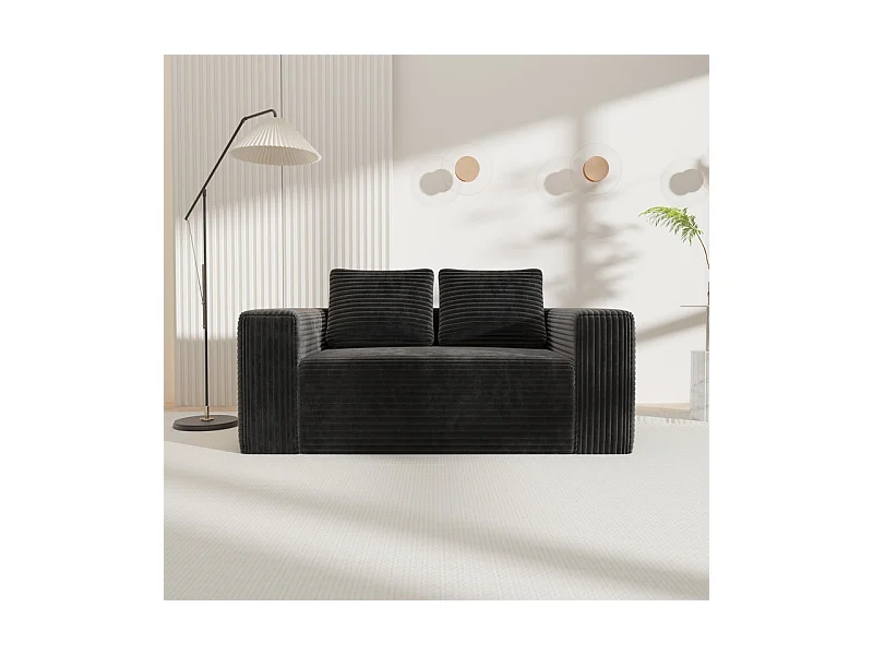 Canapé 2 places en velours côtelé - avec 2 oreillers - charge max 250kg - 160x63x88cm - Noir