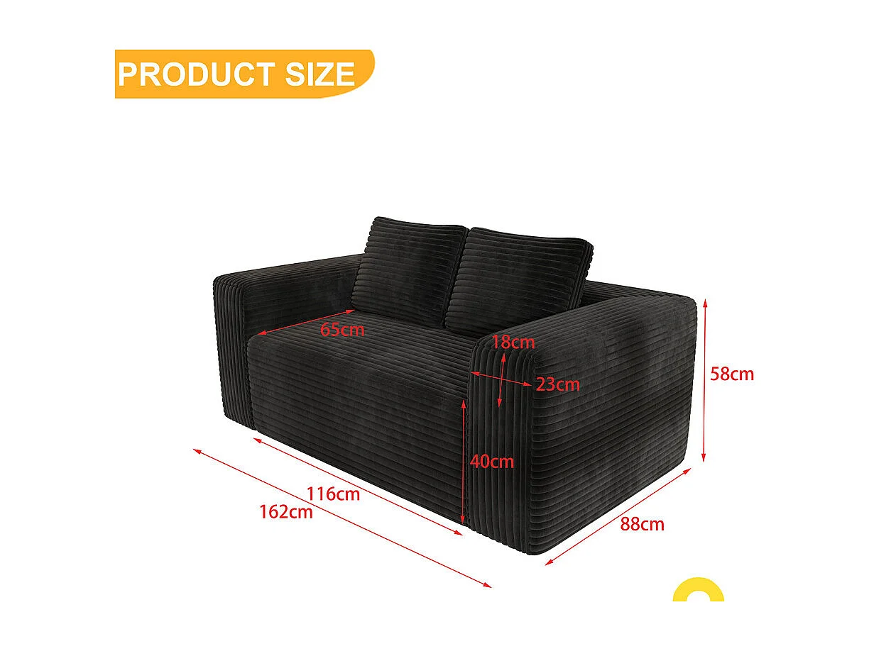 Sofá 2 Plazas de Pana - con 2 Cojines - Carga Máx. 250kg - 160x63x88cm - Negro