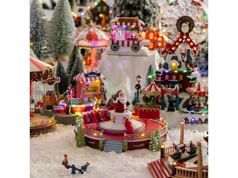 Village Noël lumineux Manège Père Noël 25 LED musical et animé