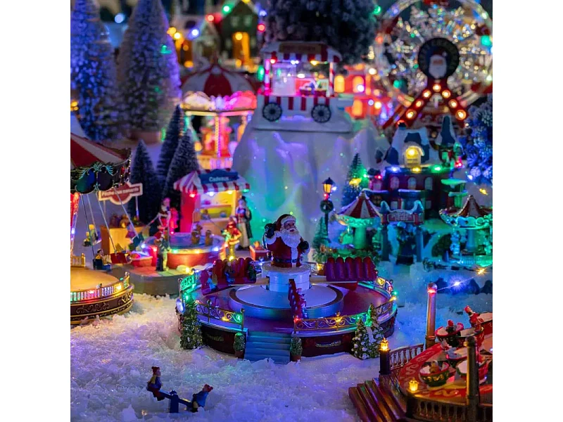 Village Noël lumineux Manège Père Noël 25 LED musical et animé