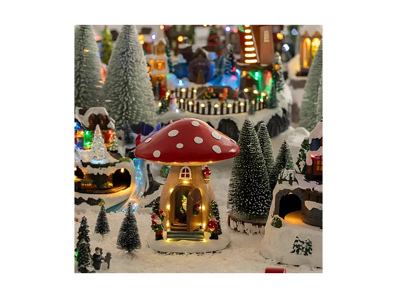 Village Noël lumineux maison champignon 12 LED musical et animé
