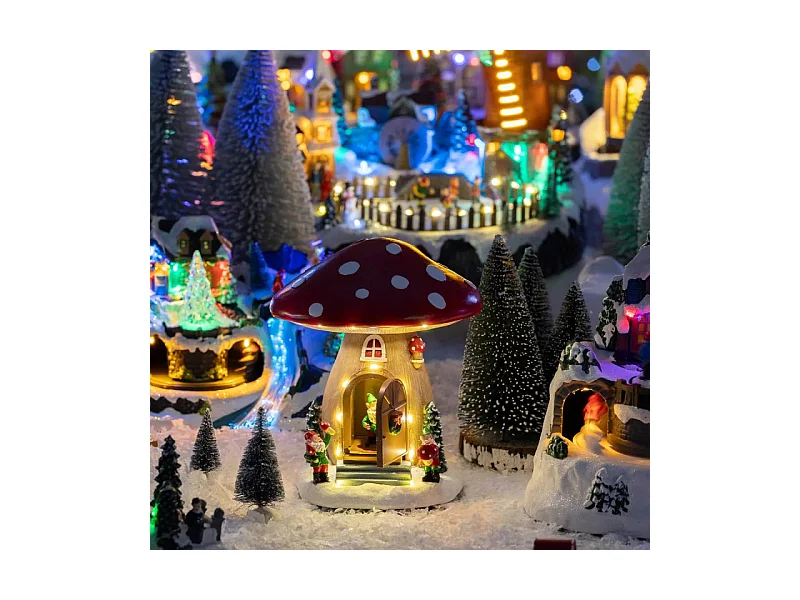 Village Noël lumineux maison champignon 12 LED musical et animé