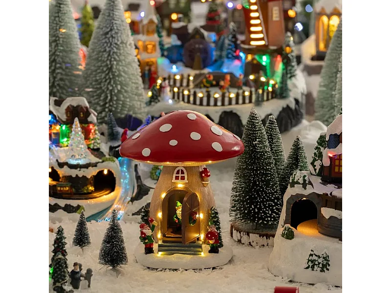 Village Noël lumineux maison champignon 12 LED musical et animé