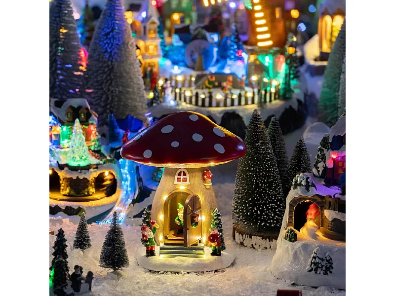 Village Noël lumineux maison champignon 12 LED musical et animé