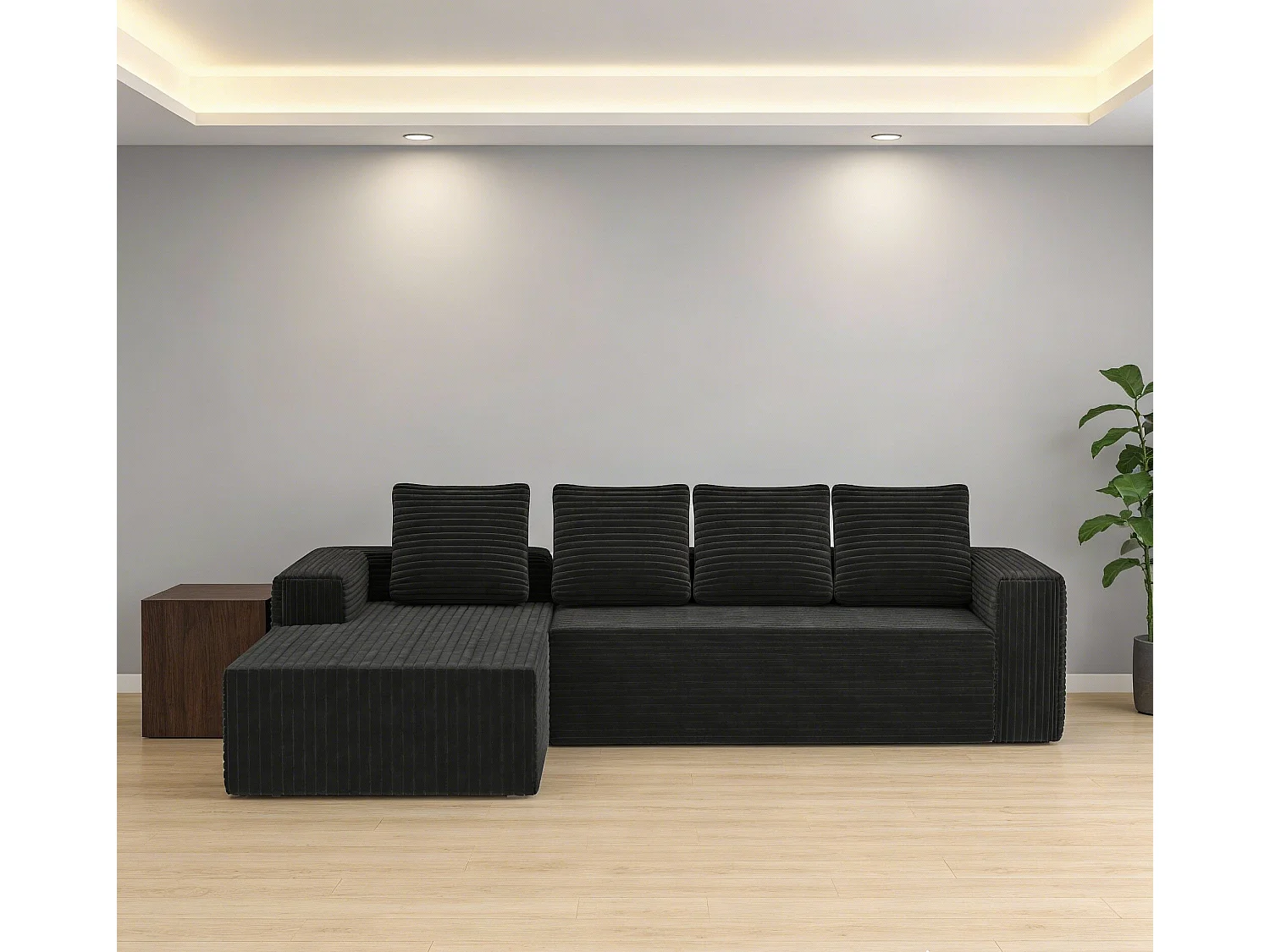 Canapé d'angle gauche modulable - en Velours côtelé Noir - 4 Places - avec 4 Coussins et 150cm méridienne - 261x171x58cm