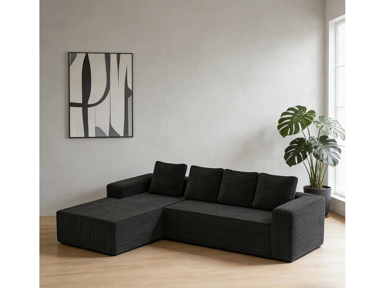 Canapé d'angle gauche modulable - en Velours côtelé Noir - 4 Places - avec 4 Coussins et 150cm méridienne - 261x171x58cm